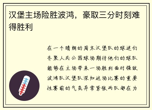 汉堡主场险胜波鸿，豪取三分时刻难得胜利