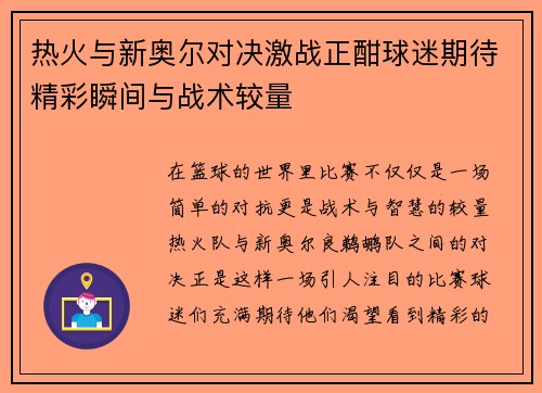 热火与新奥尔对决激战正酣球迷期待精彩瞬间与战术较量