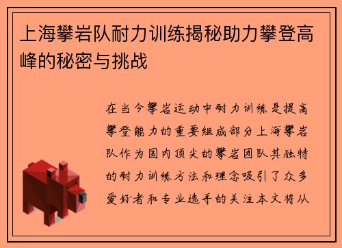 上海攀岩队耐力训练揭秘助力攀登高峰的秘密与挑战
